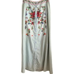 90s Vintage DENIMLAND  Floral Embroidered Maxi Button Front Jean Skirt Medium